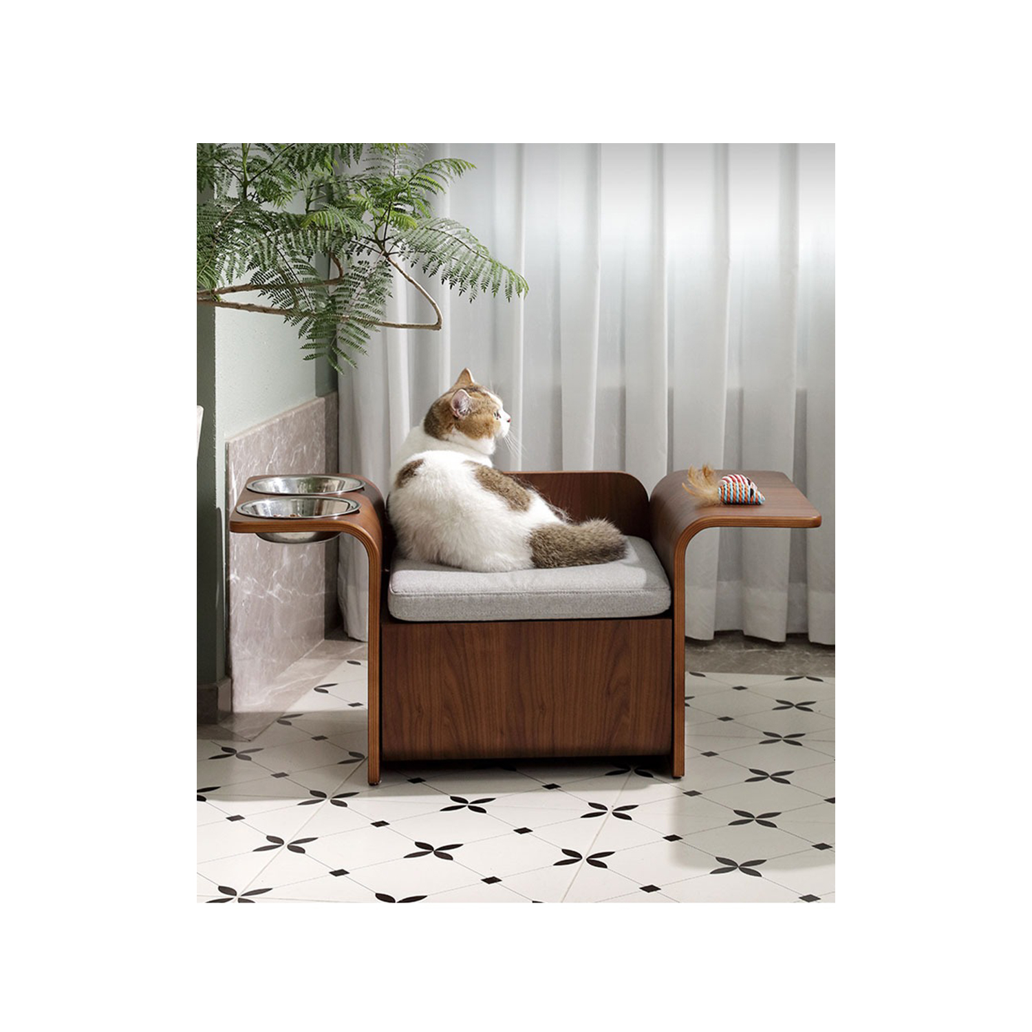 North American Black Walnut Cat Bed with Bowl