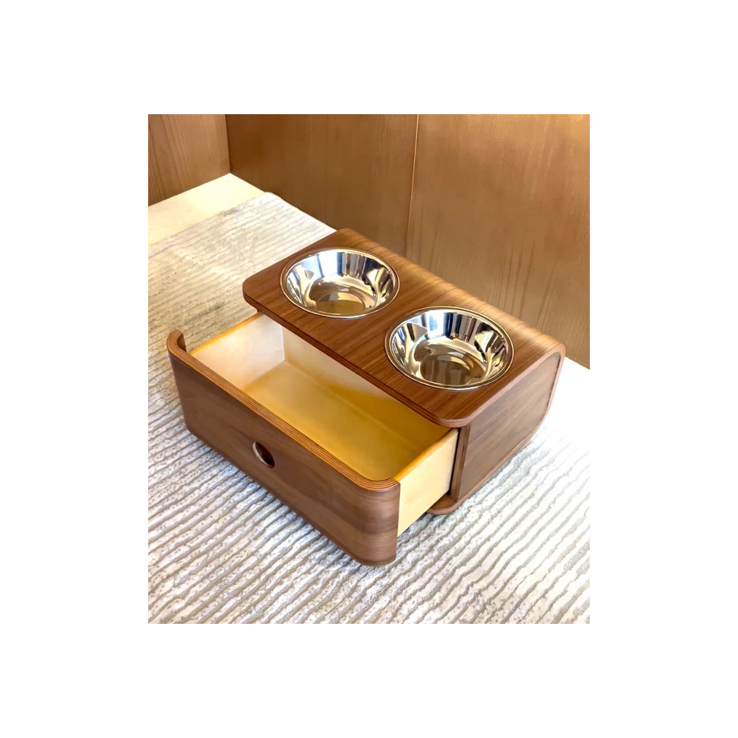 Black Walnut Pet Bowl with Drawer