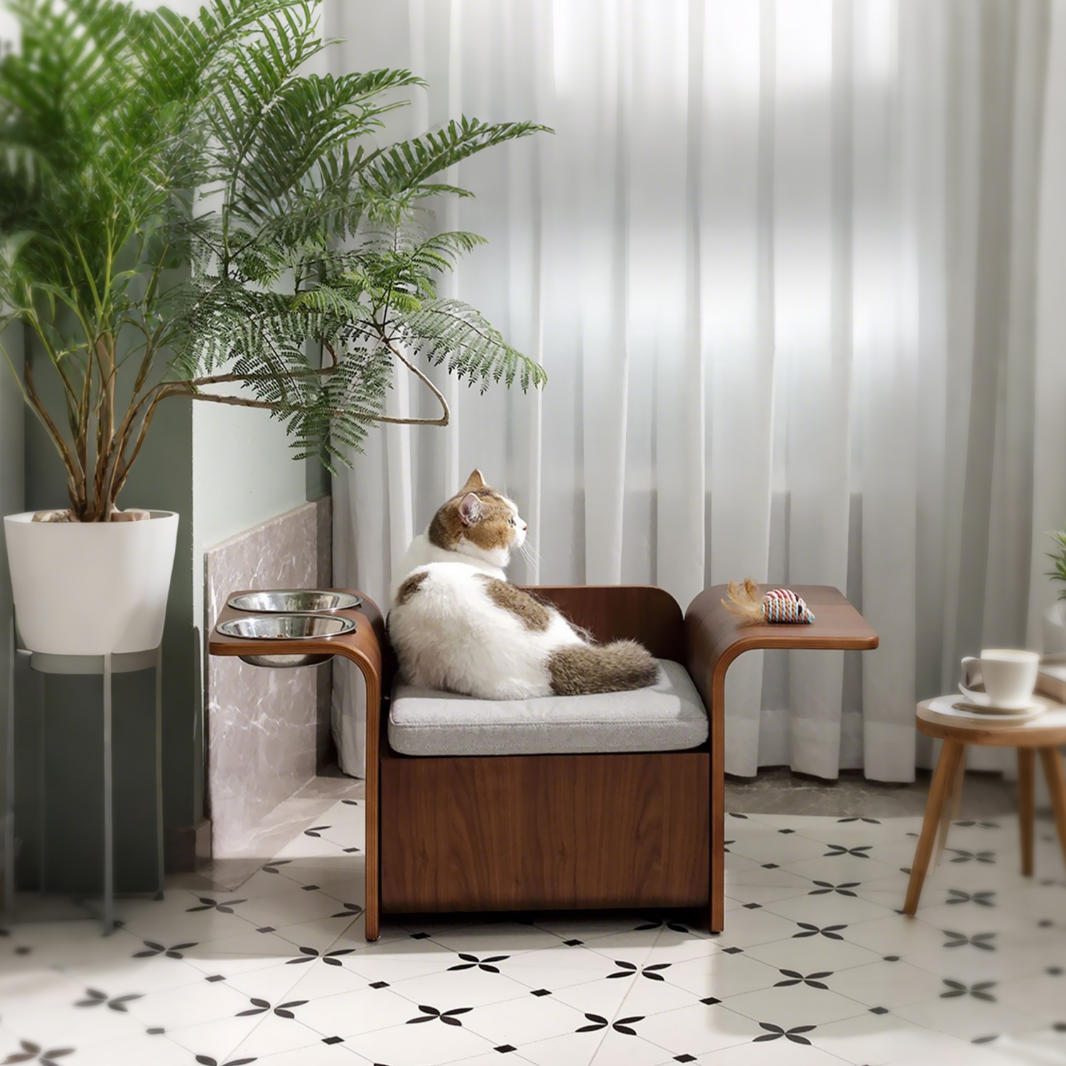 North American Black Walnut Veneer Cat Bed with Bowl