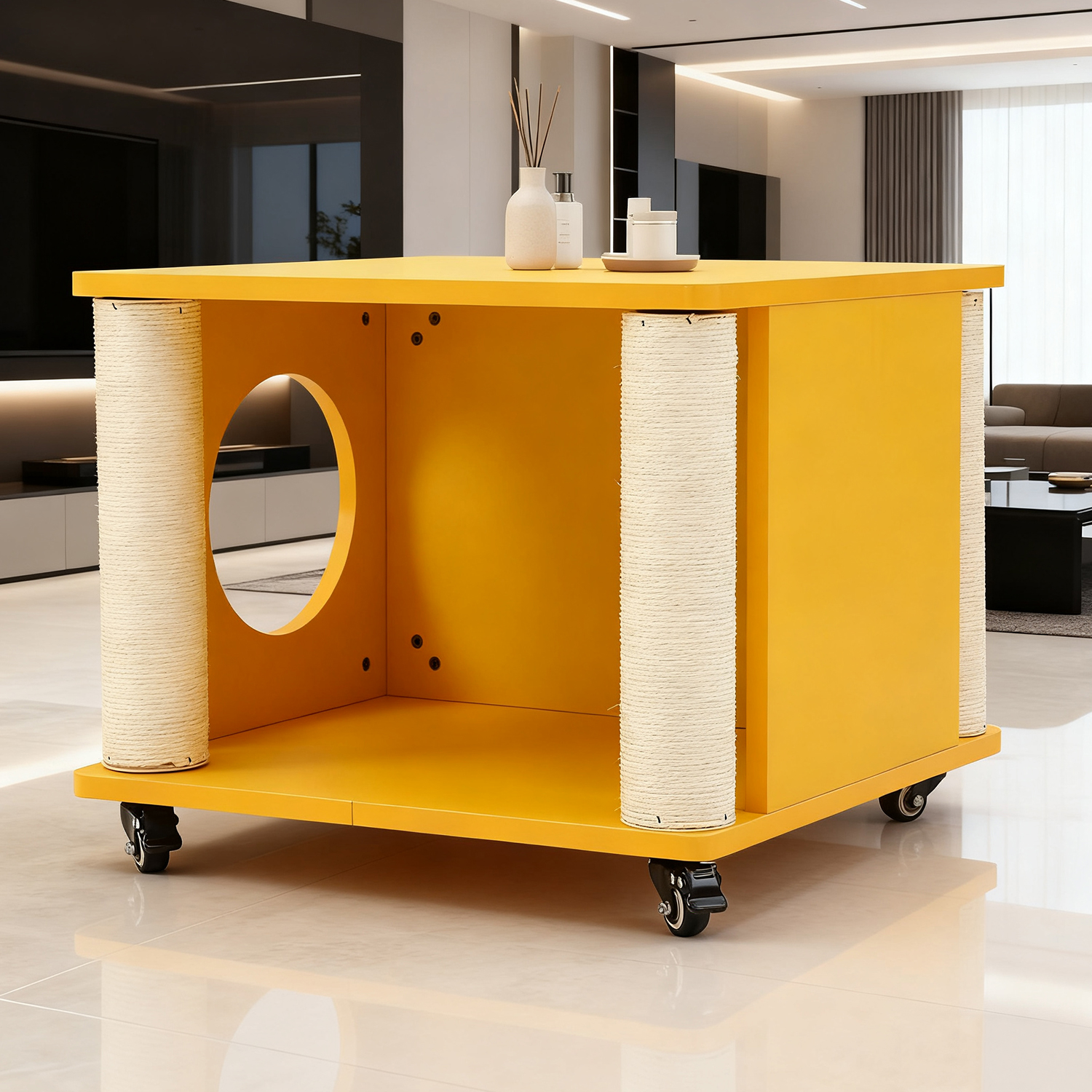 Yellow 4-Wheel Storage Cat Scratching Post, Pet-Friendly Coffee Table