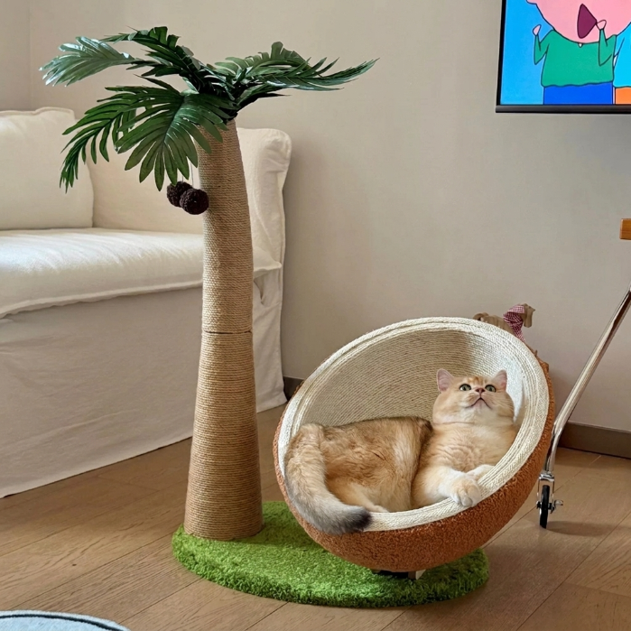 Coconut Tree Cat Scratching Post & Bed, Sisal Cat Tree with Cozy Hideaway, Climbing Tower & Scratch Toy for Cats