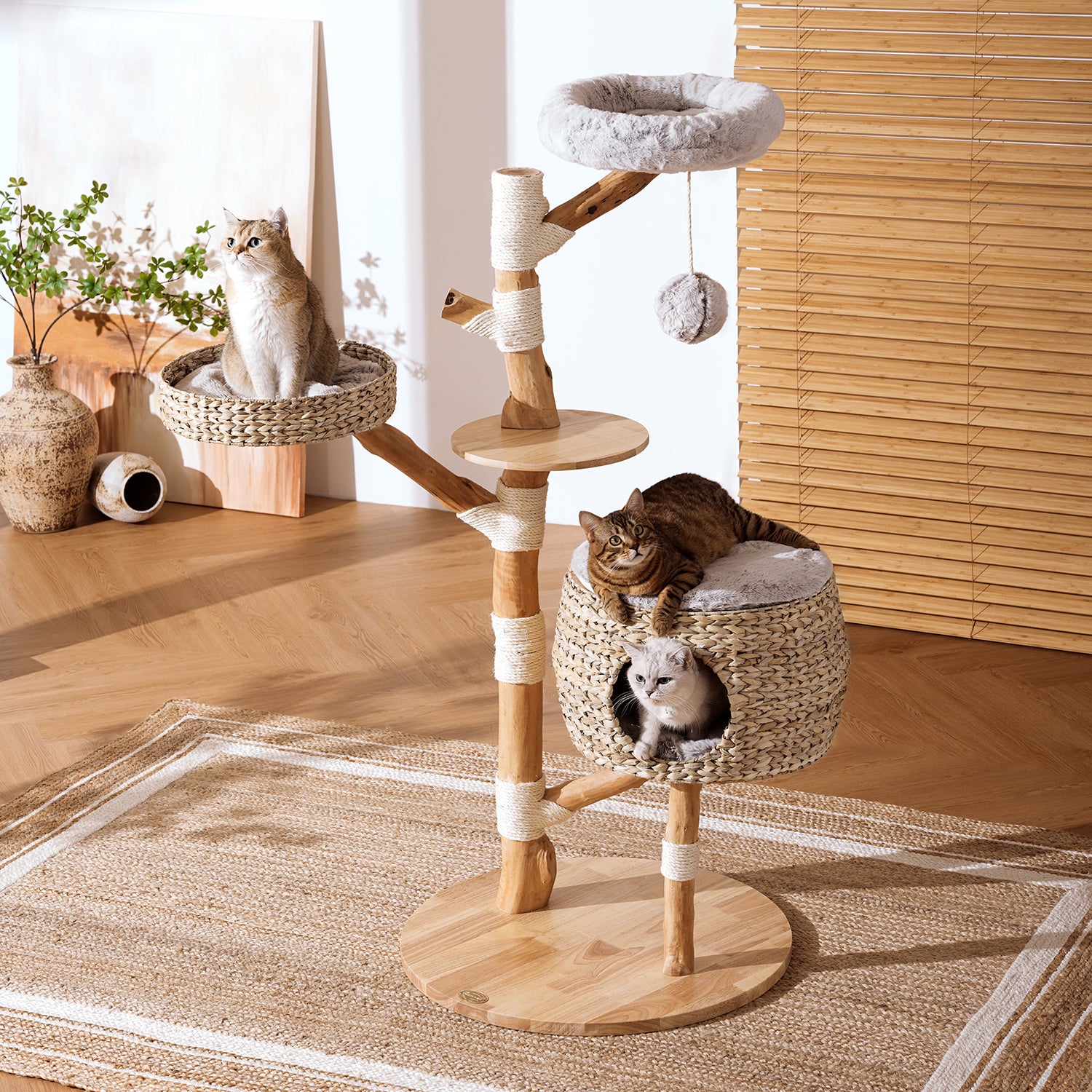 60" Solid Wood Cattail Woven Cat Climbing Frame