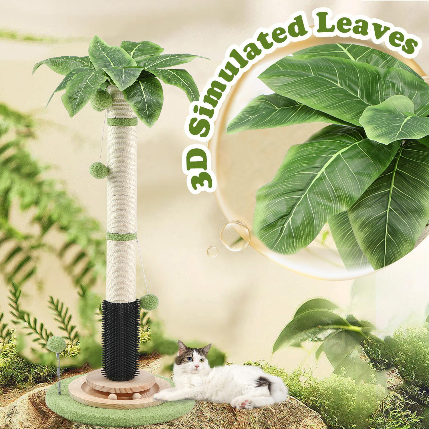 39.4'' Tall Sisal Cat Tree Scratching Post with Interactive Ball and Rotating Ball Self Groomer Brush