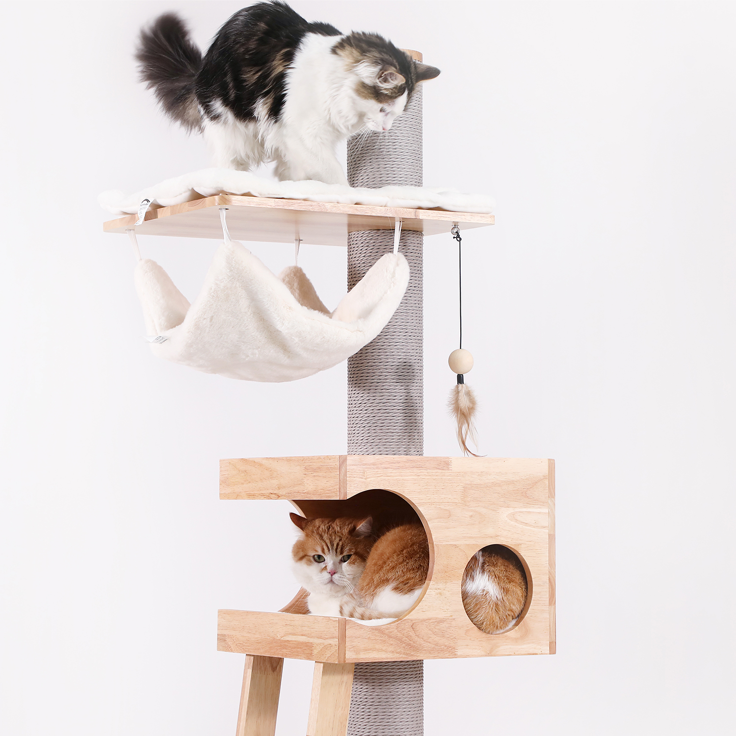 62" H Pure Solid Wood Multi-Nest Cat Climbing Frame with Toys