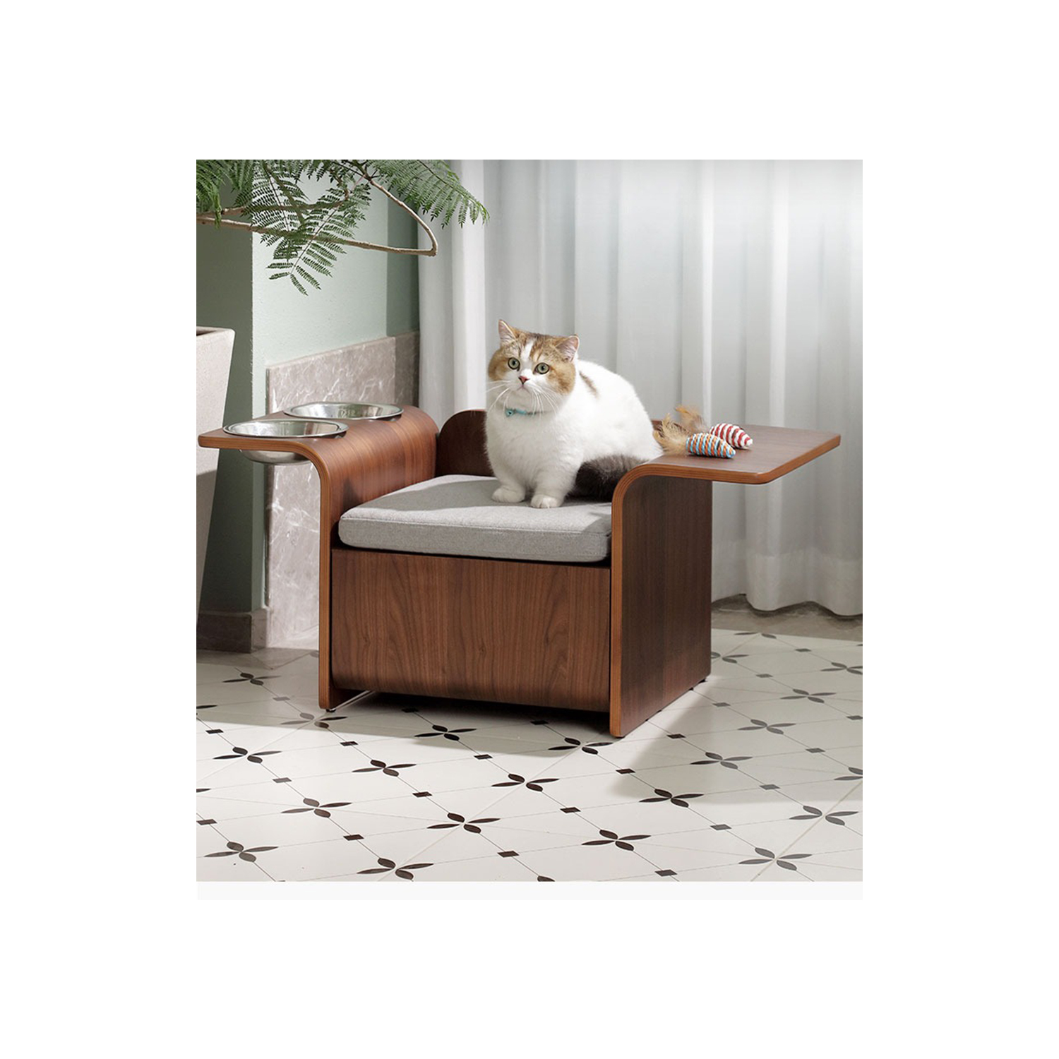 North American Black Walnut Cat Bed with Bowl