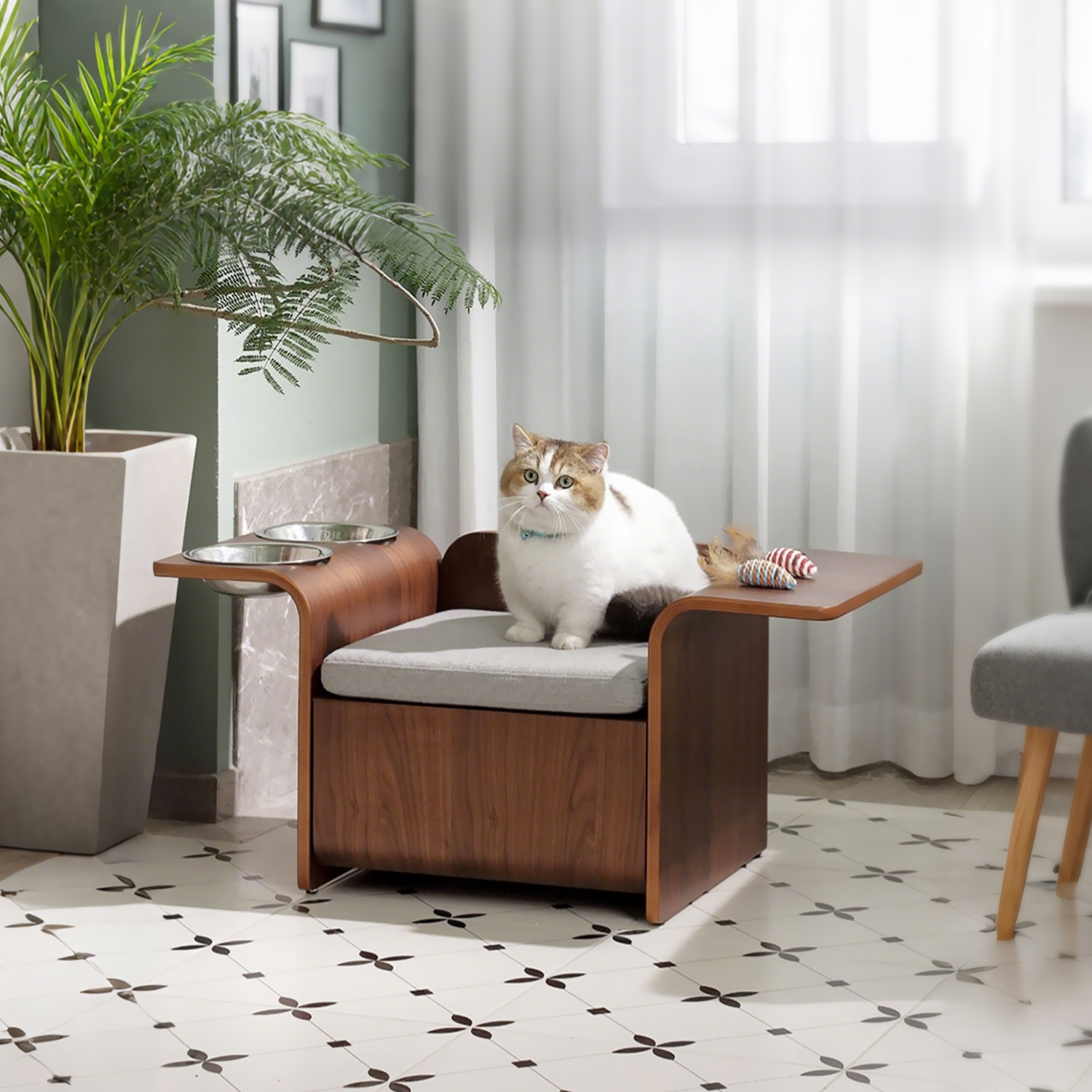 North American Black Walnut Veneer Cat Bed with Bowl