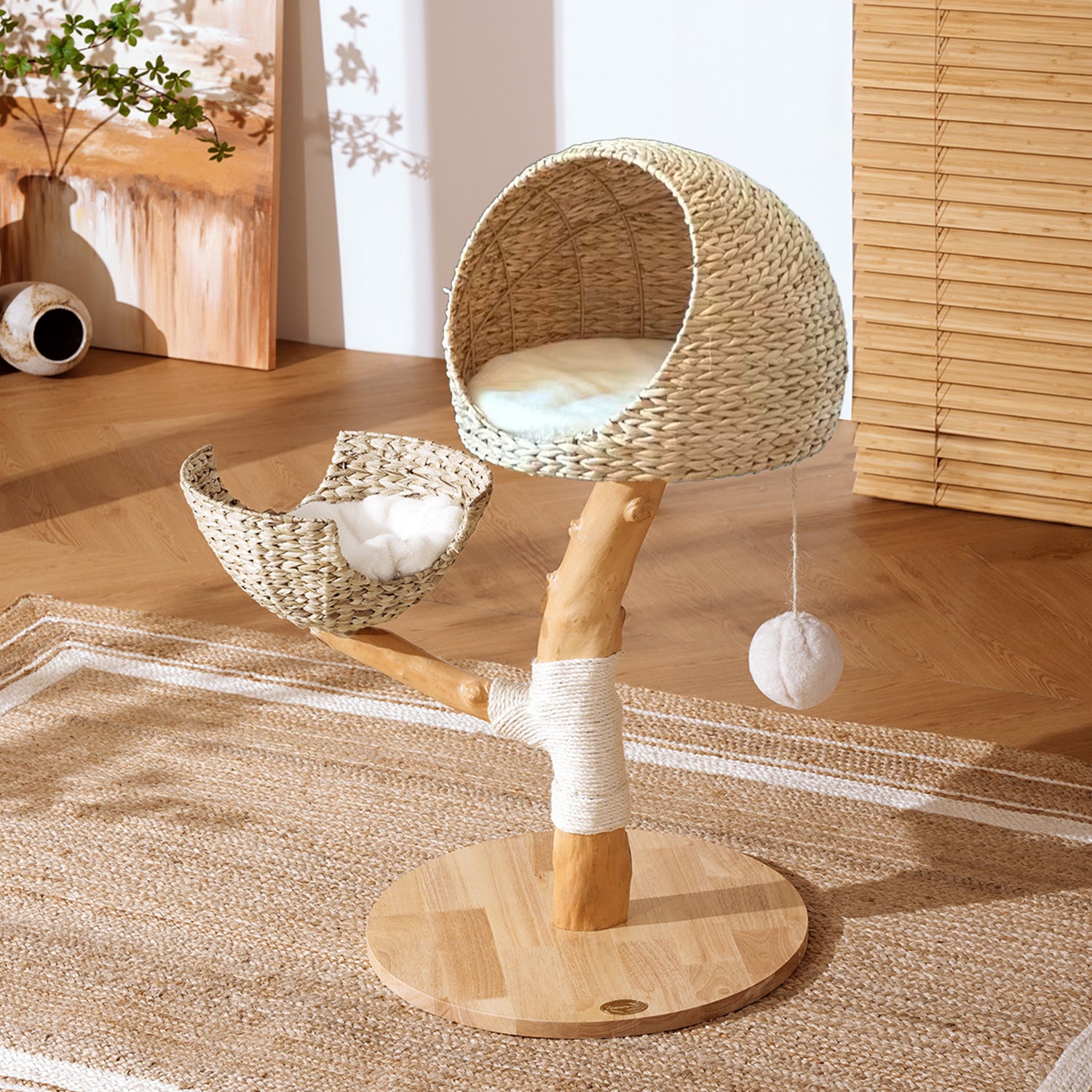 35" Solid Wooden Cattail Woven Cat Tree