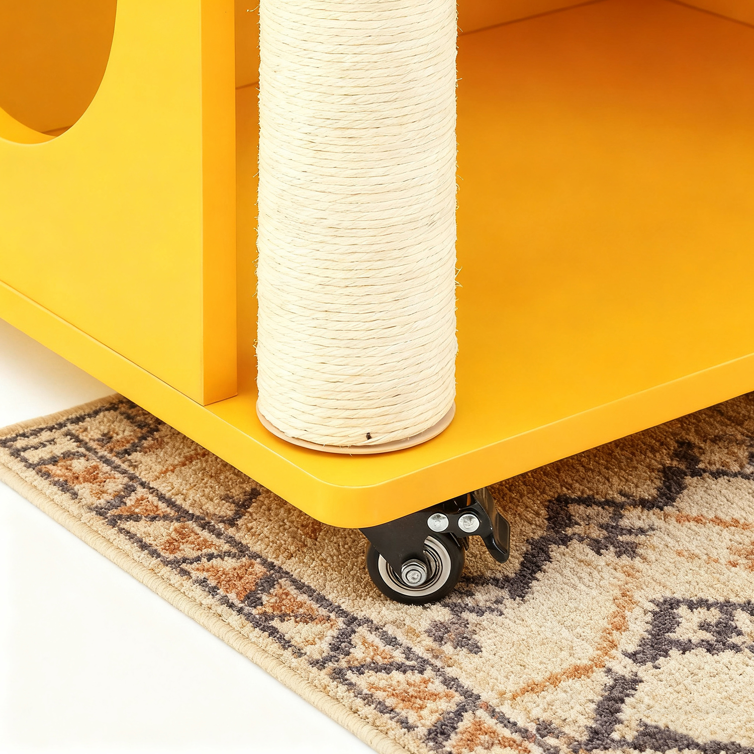 Yellow 4-Wheel Storage Cat Scratching Post, Pet-Friendly Coffee Table
