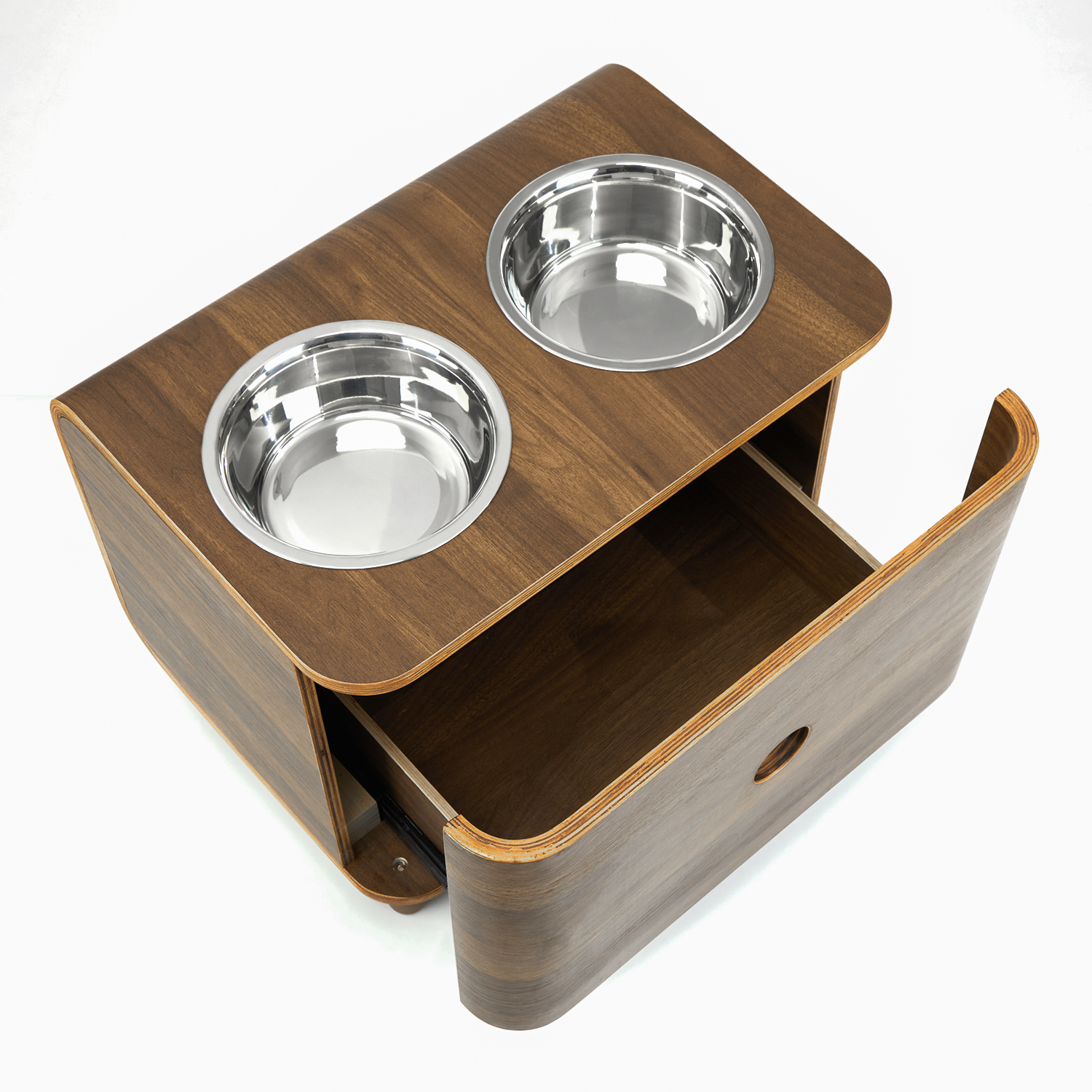 Black Walnut Veneer Pet Bowl with Drawer