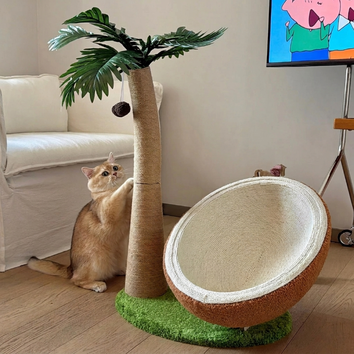 Coconut Tree Cat Scratching Post & Bed, Sisal Cat Tree with Cozy Hideaway, Climbing Tower & Scratch Toy for Cats