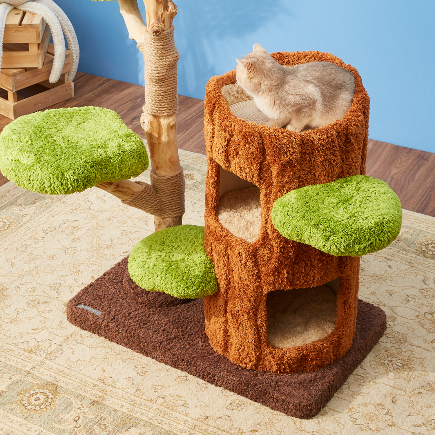 55" H Solid Wood Modern Cat Tree Tower Condo