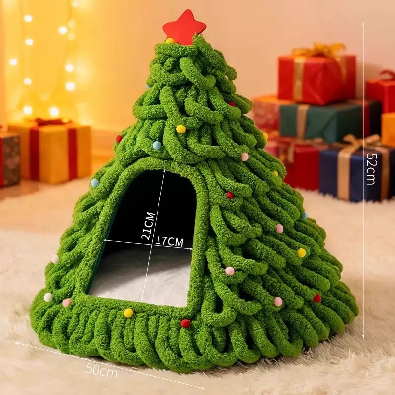 Christmas Tree Felt Cat Cave Bed Cat Christmas Tree– Cozy Enclosed Cat House for Winter