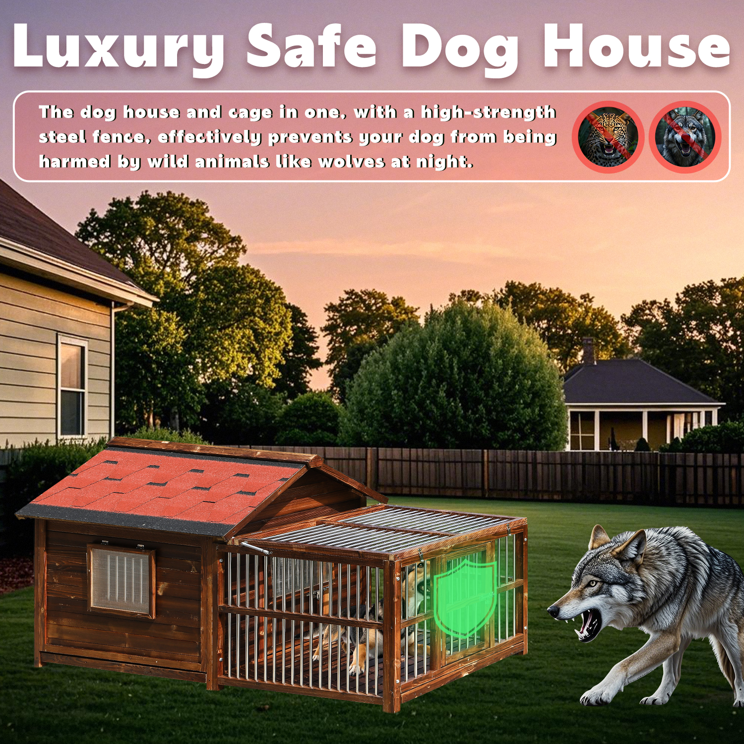 Luxury Solid Wooden Dog House with Fence