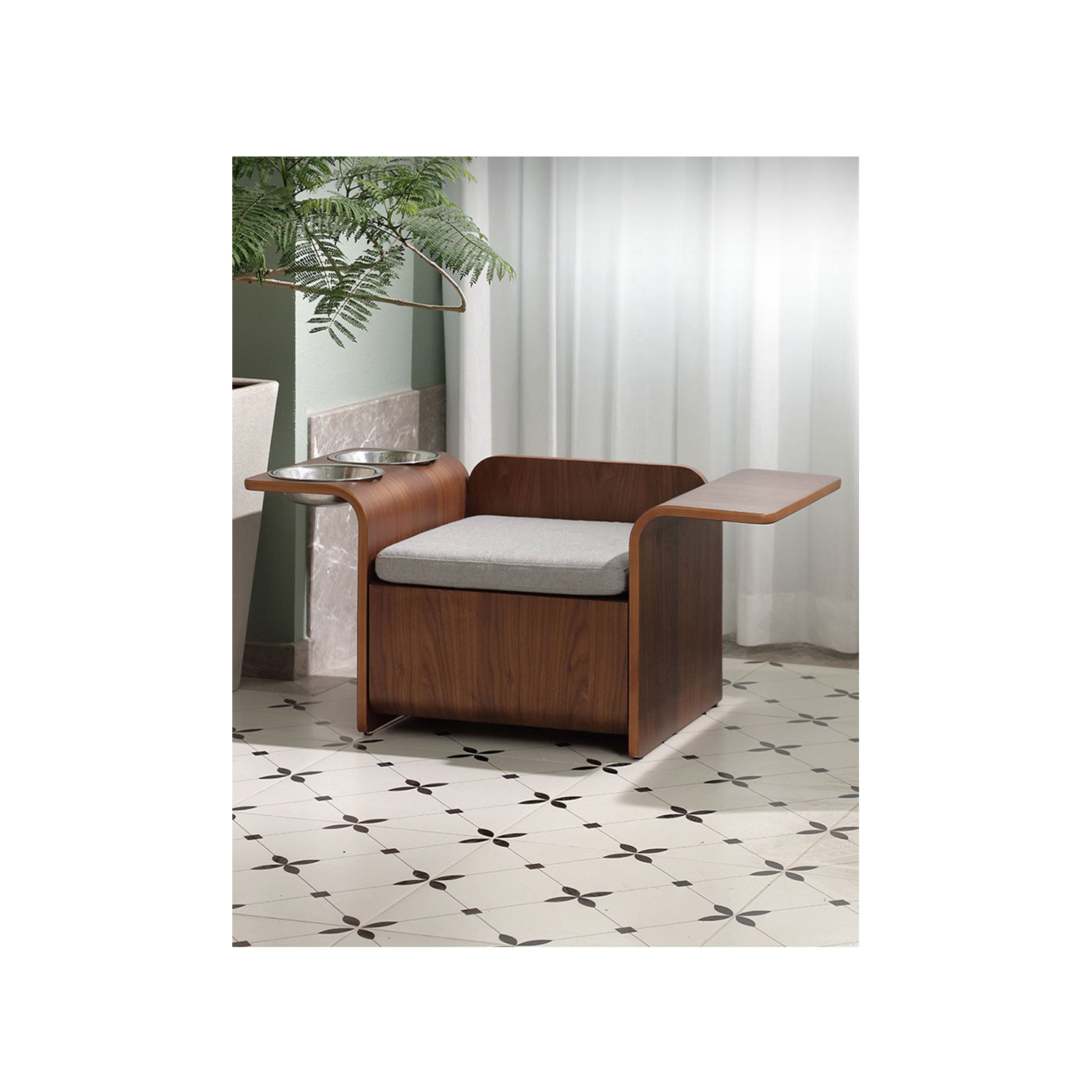 North American Black Walnut Cat Bed with Bowl