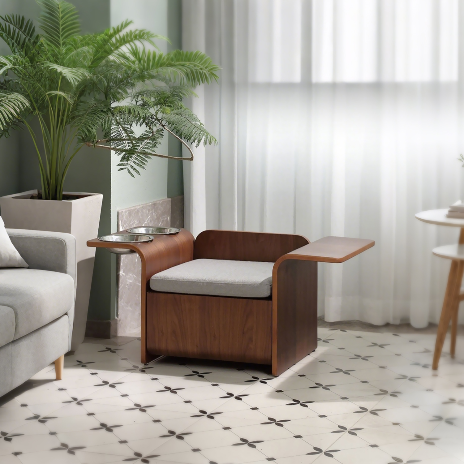 North American Black Walnut Veneer Cat Bed with Bowl