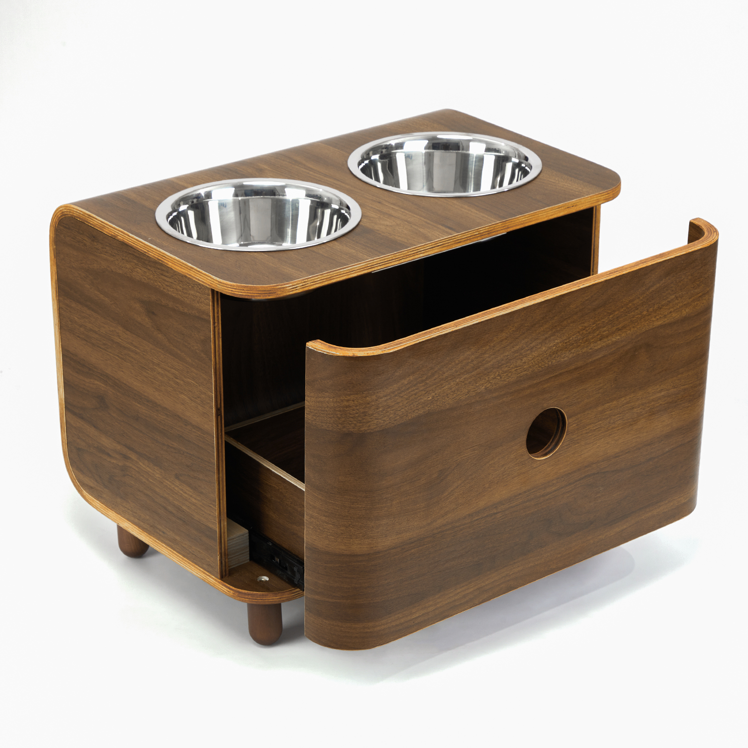 Black Walnut Veneer Pet Bowl with Drawer