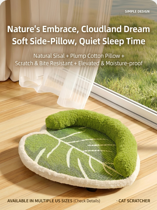 Leaf Shaped Sisal Cat Scratcher Lounge, Natural Scratching Mat & Cozy Cat Bed, Durable Claw Board Sofa for Indoor Cats