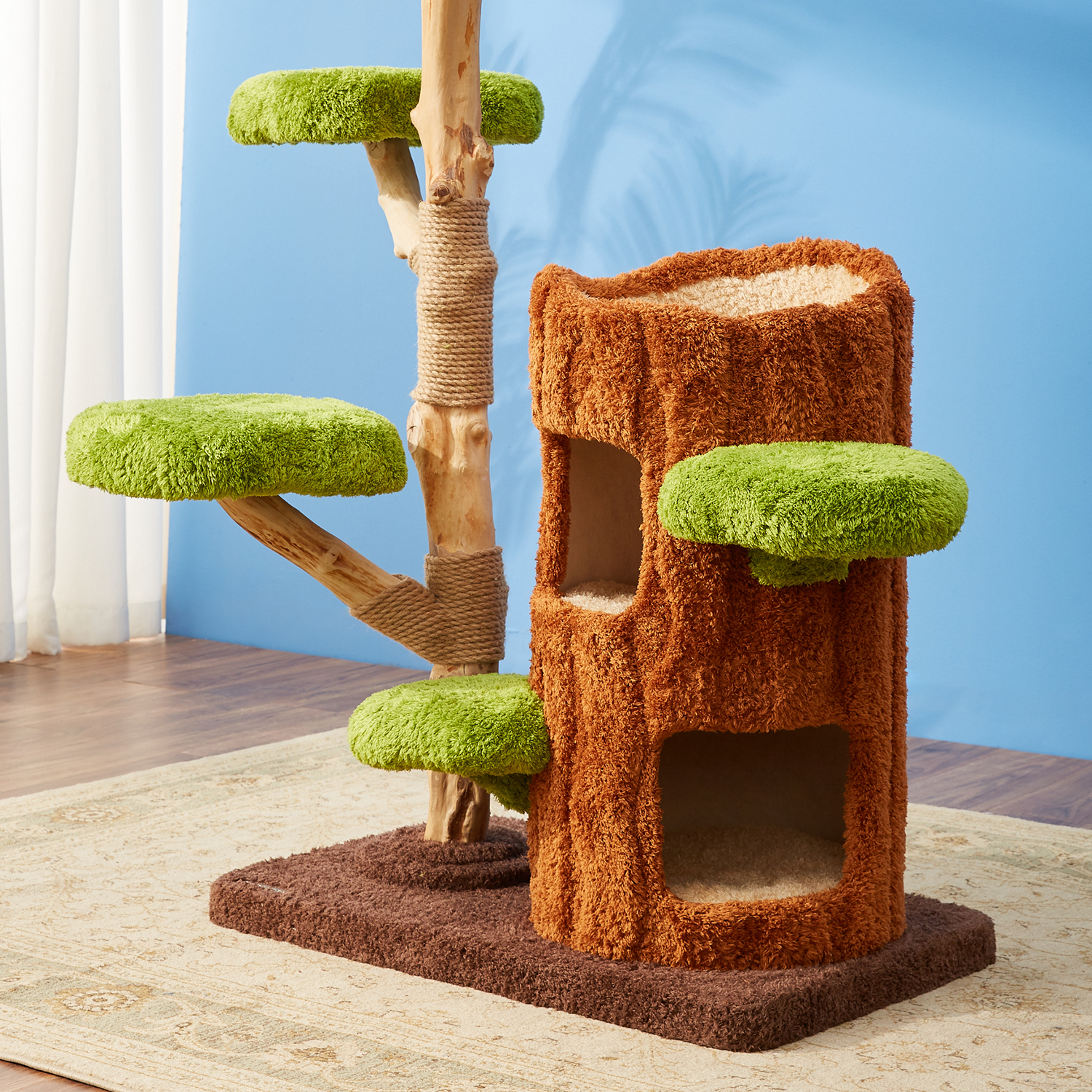 55" H Solid Wood Modern Cat Tree Tower Condo