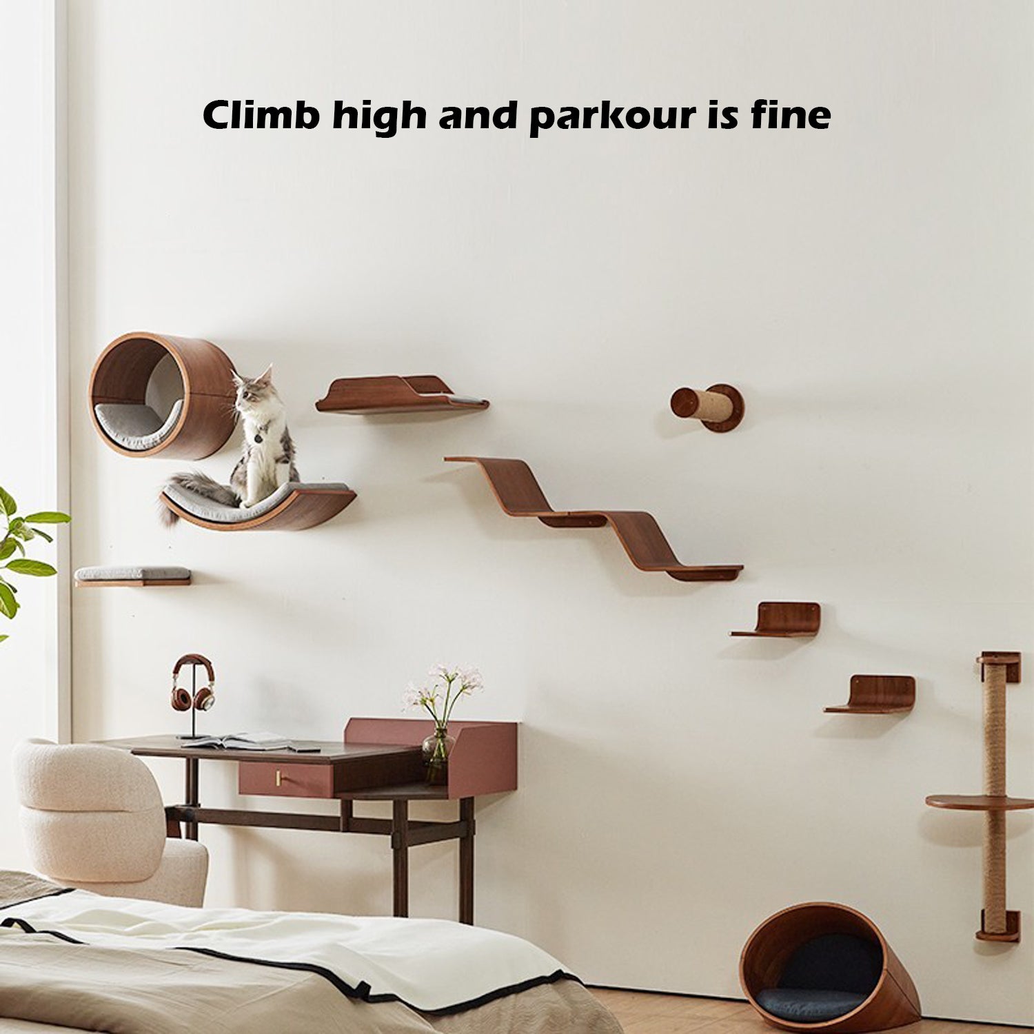 North American Black Walnut Solid Wood Wall-mounted Cat Bed 10-piece Set