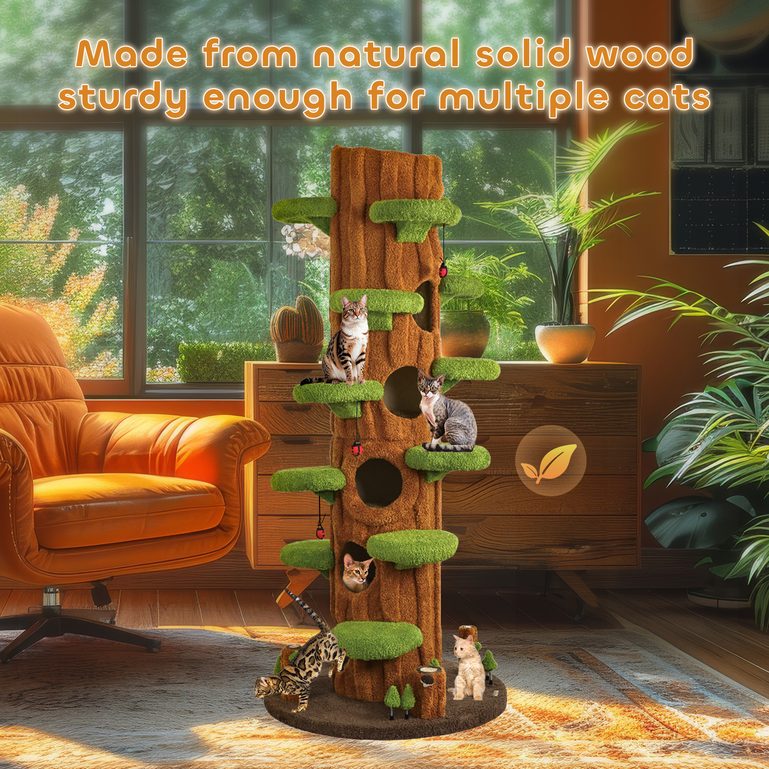 91" Solid Wood Large Cat Tree Tower Condo