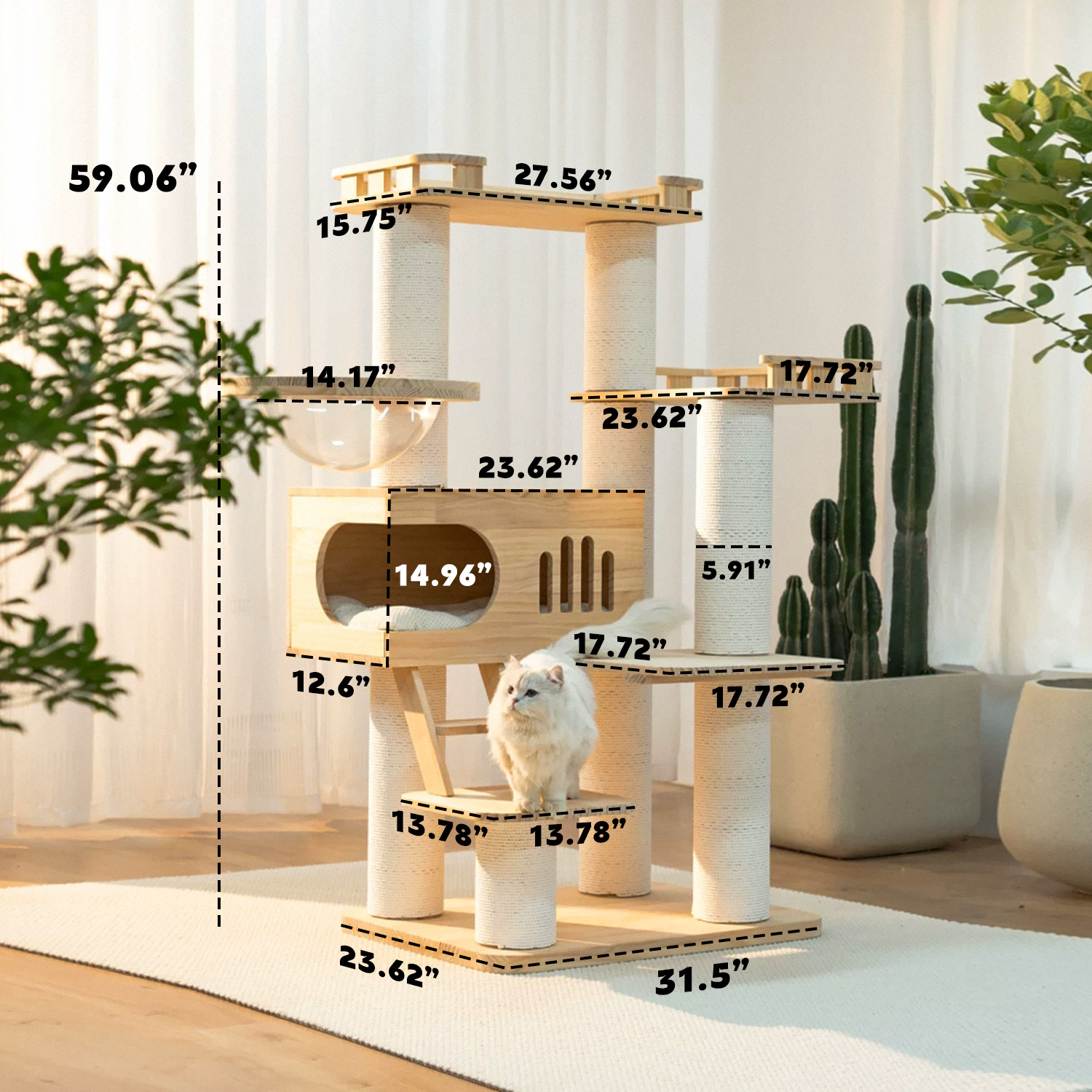 59" H Solid Wood Cat Tree