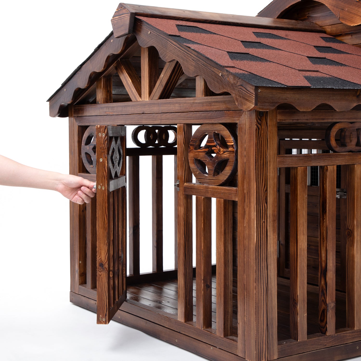 Solid Wood Outdoor Dog House with Patio Cage