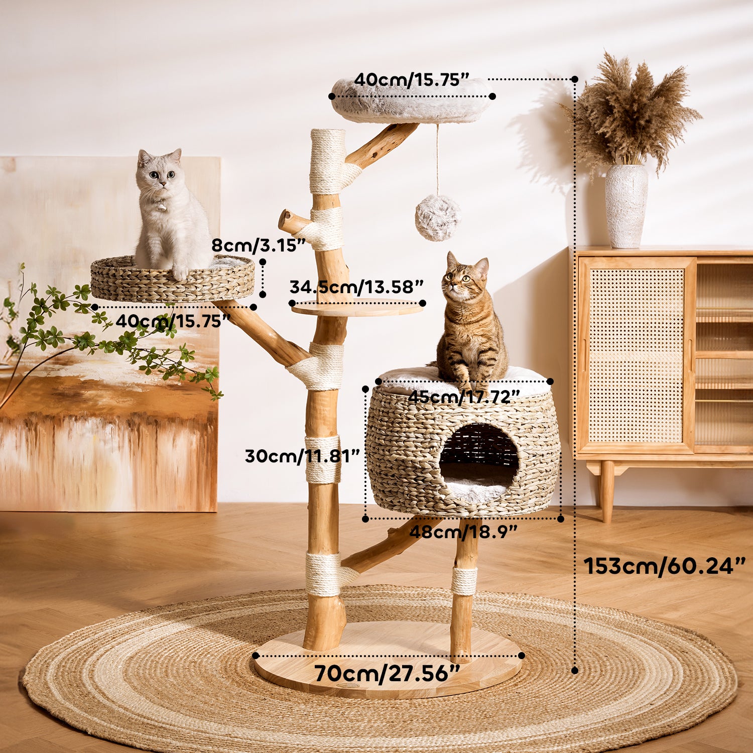 60" Solid Wood Cattail Woven Cat Climbing Frame