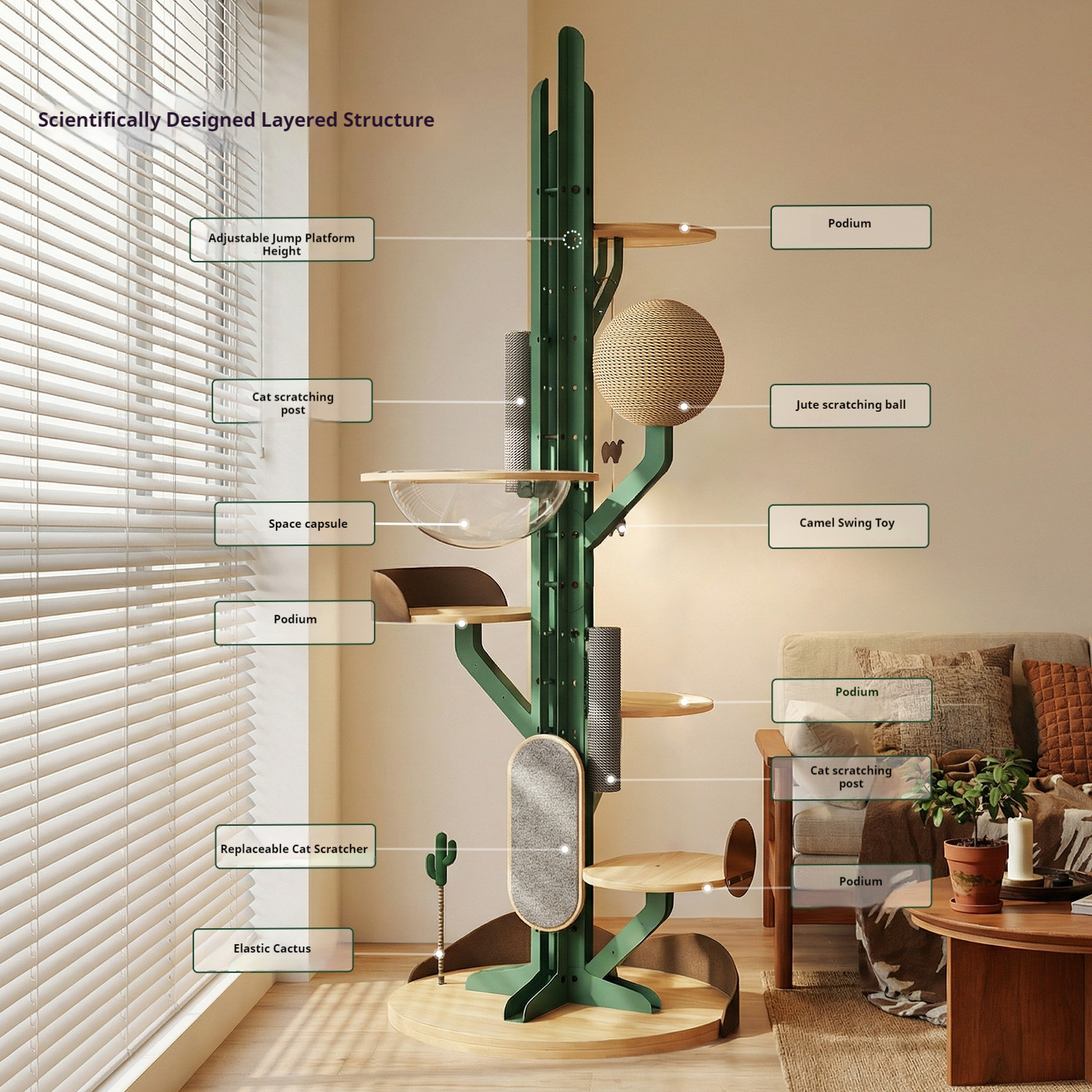 Large Cat Tree Tower for Indoor Cats, Heavy Duty Solid Wood & Iron Frame, Modern Cat Condo with Built-in Cat House, Space Saving Vertical Climber for Large Cats