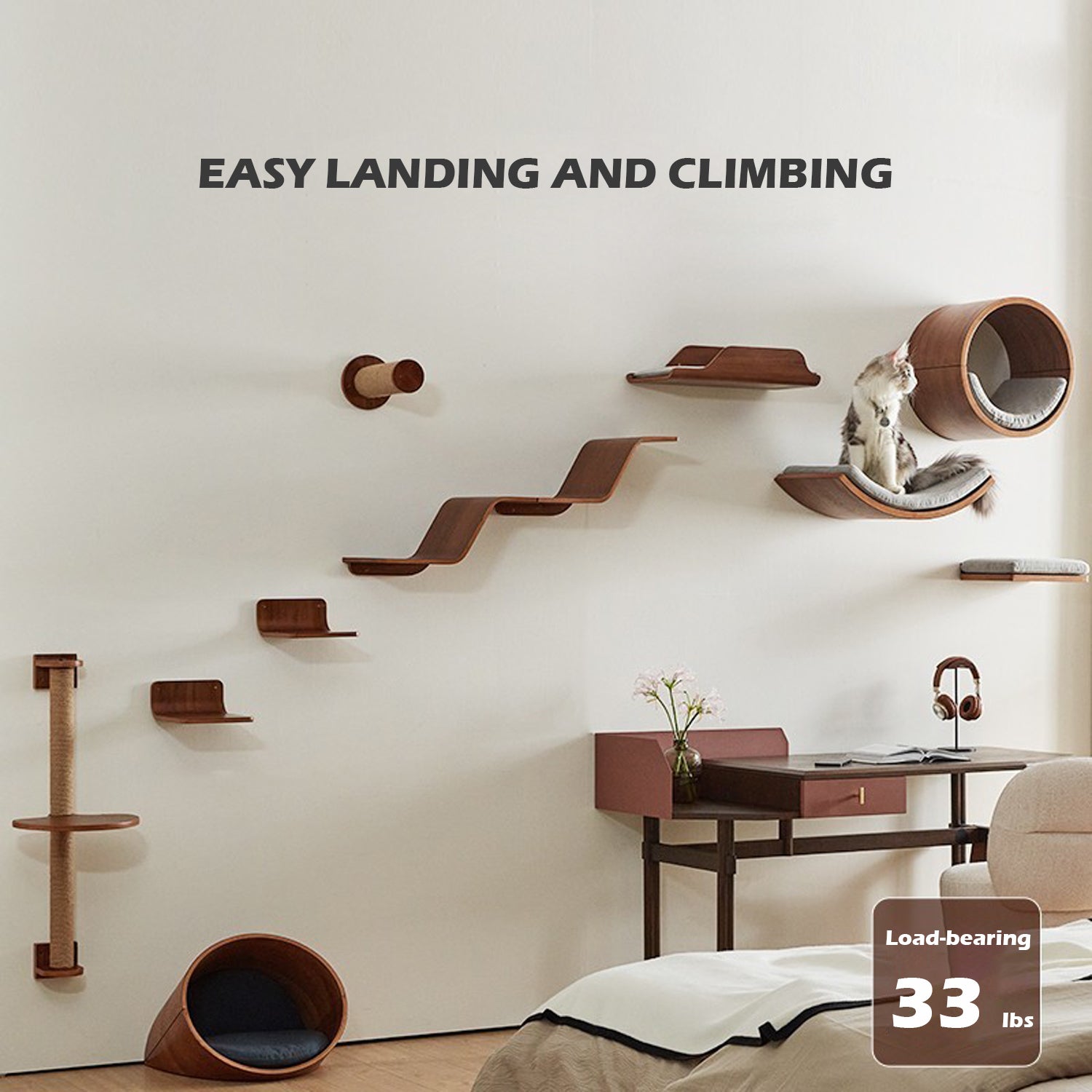 North American Black Walnut Solid Wood Wall-mounted Cat Bed 10-piece Set