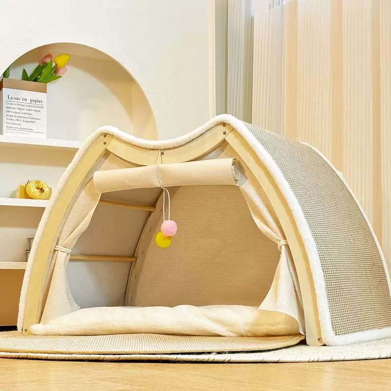 Modern Wooden Pet Tent Cave & Natural Sisal Scratcher – All-Season Enclosed Cat House & Indoor Hideaway