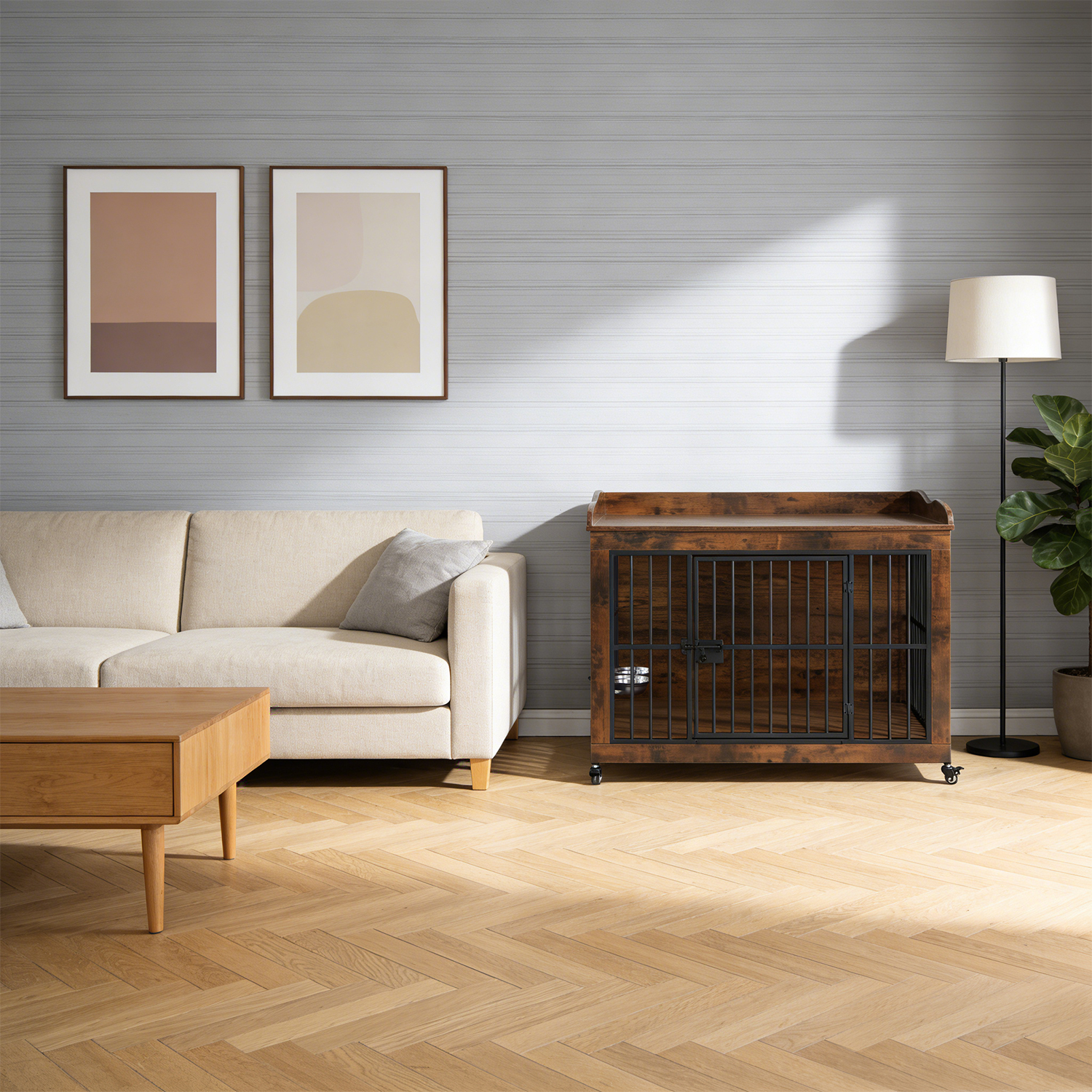 Dog Crate Furniture for Small Medium Dogs, Steel Solid Wood Dog Kennel Indoor, Escape-Proof Lock & Chew-Resistant, Home Décor Integration Multi-Purpose Pet Cage Furnitures 