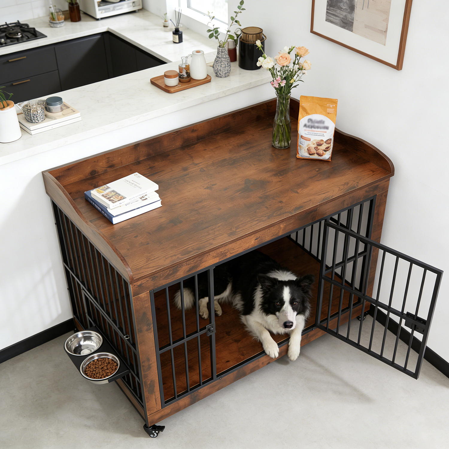 Dog Crate Furniture for Small Medium Dogs, Steel Solid Wood Dog Kennel Indoor, Escape-Proof Lock & Chew-Resistant, Home Décor Integration Multi-Purpose Pet Cage Furnitures 