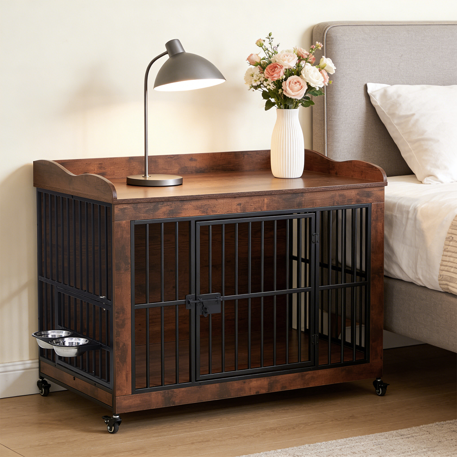 Dog Crate Furniture for Small Medium Dogs, Steel Solid Wood Dog Kennel Indoor, Escape-Proof Lock & Chew-Resistant, Home Décor Integration Multi-Purpose Pet Cage Furnitures 