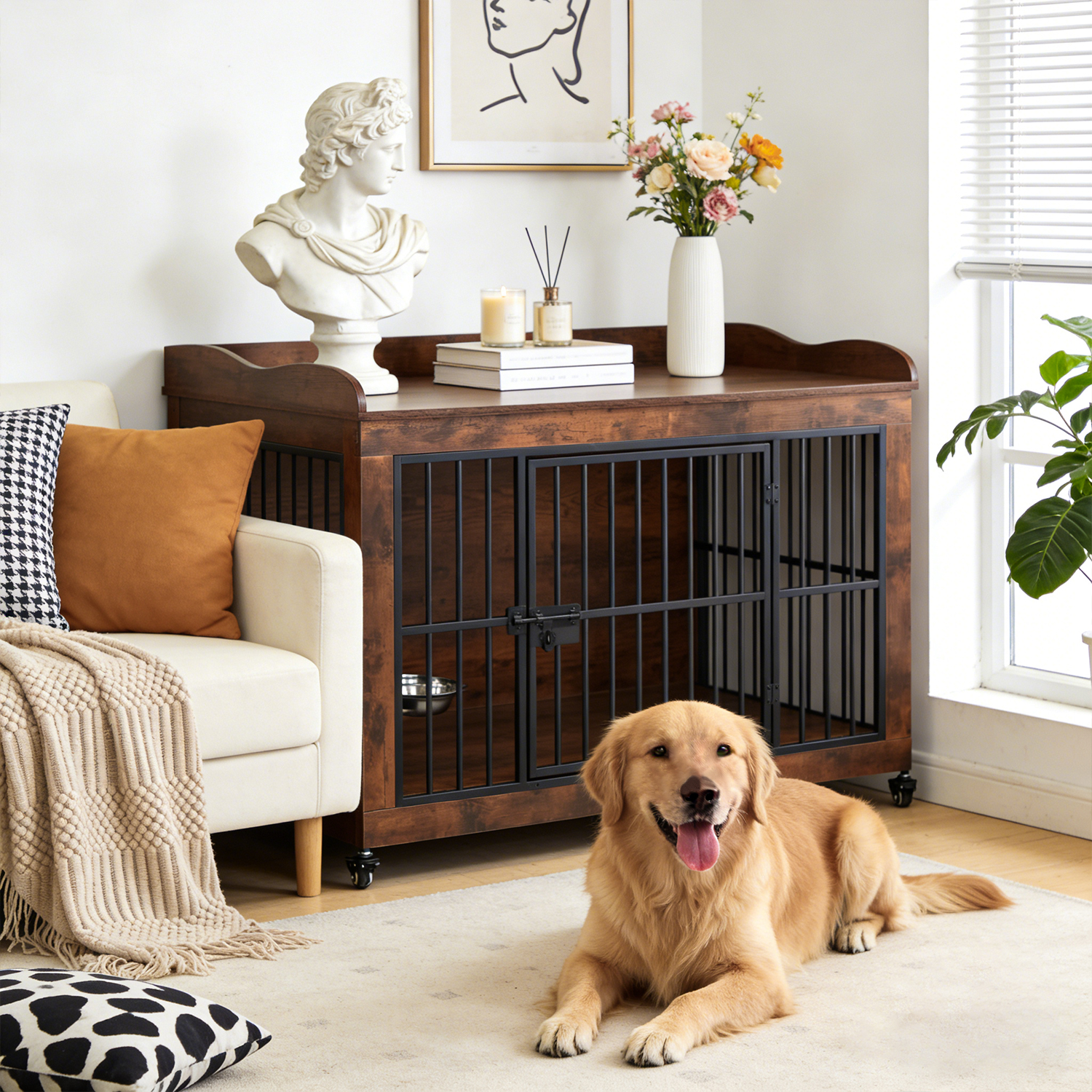 Dog Crate Furniture for Small Medium Dogs, Steel Solid Wood Dog Kennel Indoor, Escape-Proof Lock & Chew-Resistant, Home Décor Integration Multi-Purpose Pet Cage Furnitures 