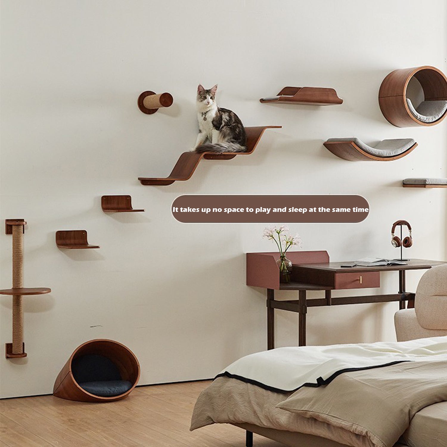 North American Black Walnut Solid Wood Wall-mounted Cat Bed 10-piece Set