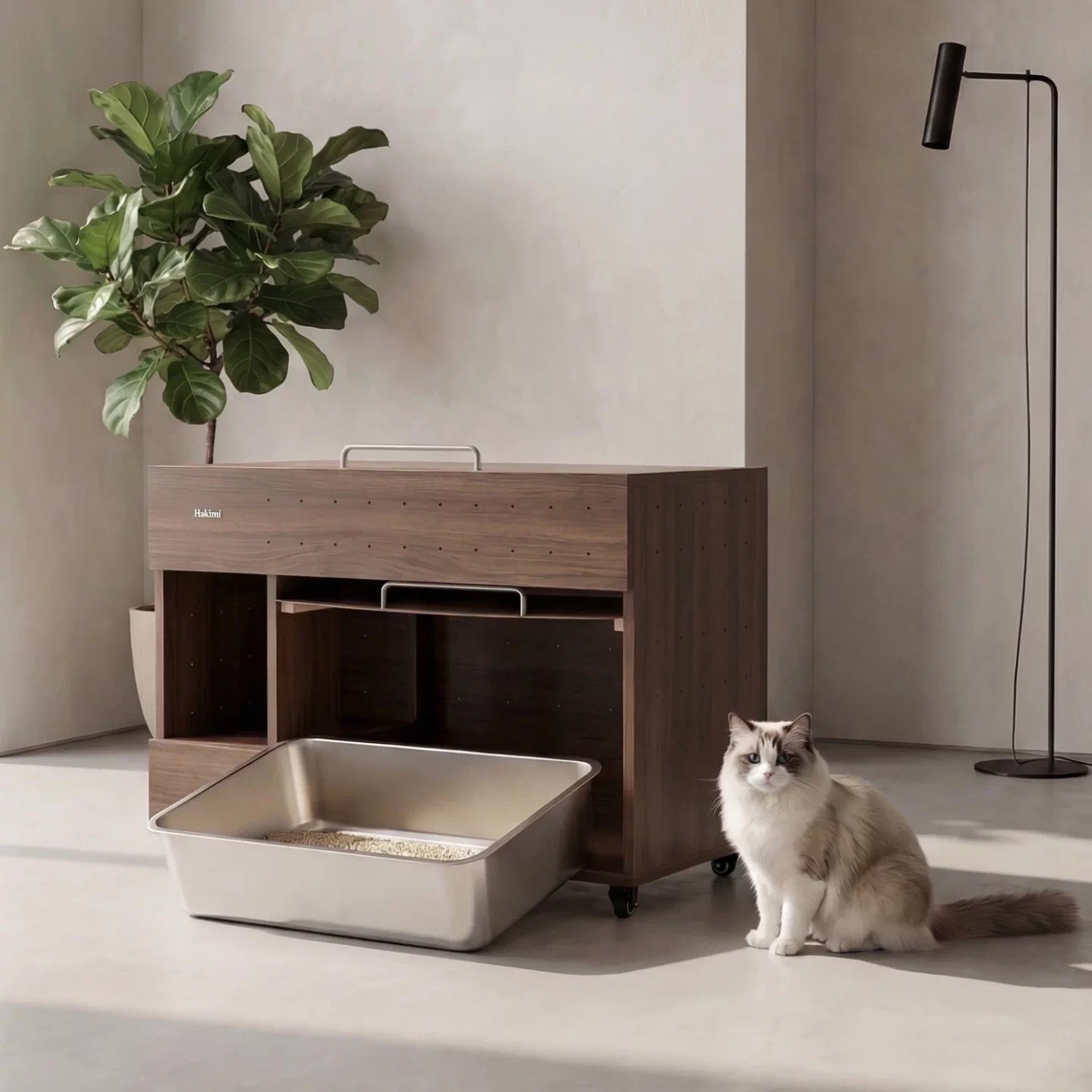 Modern Cat Litter Cabinet with Storage– Multi-Level Wooden Litter Box Enclosure