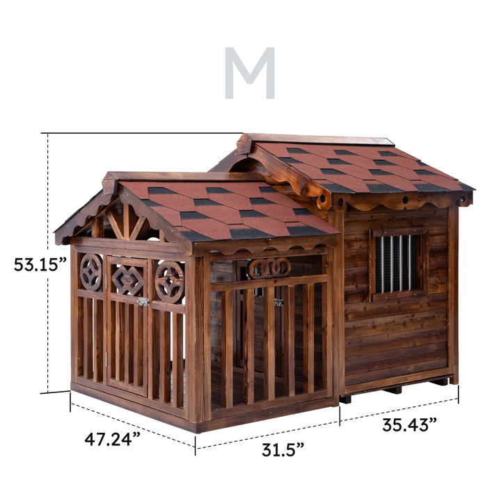 Solid Wood Outdoor Dog House with Patio Cage