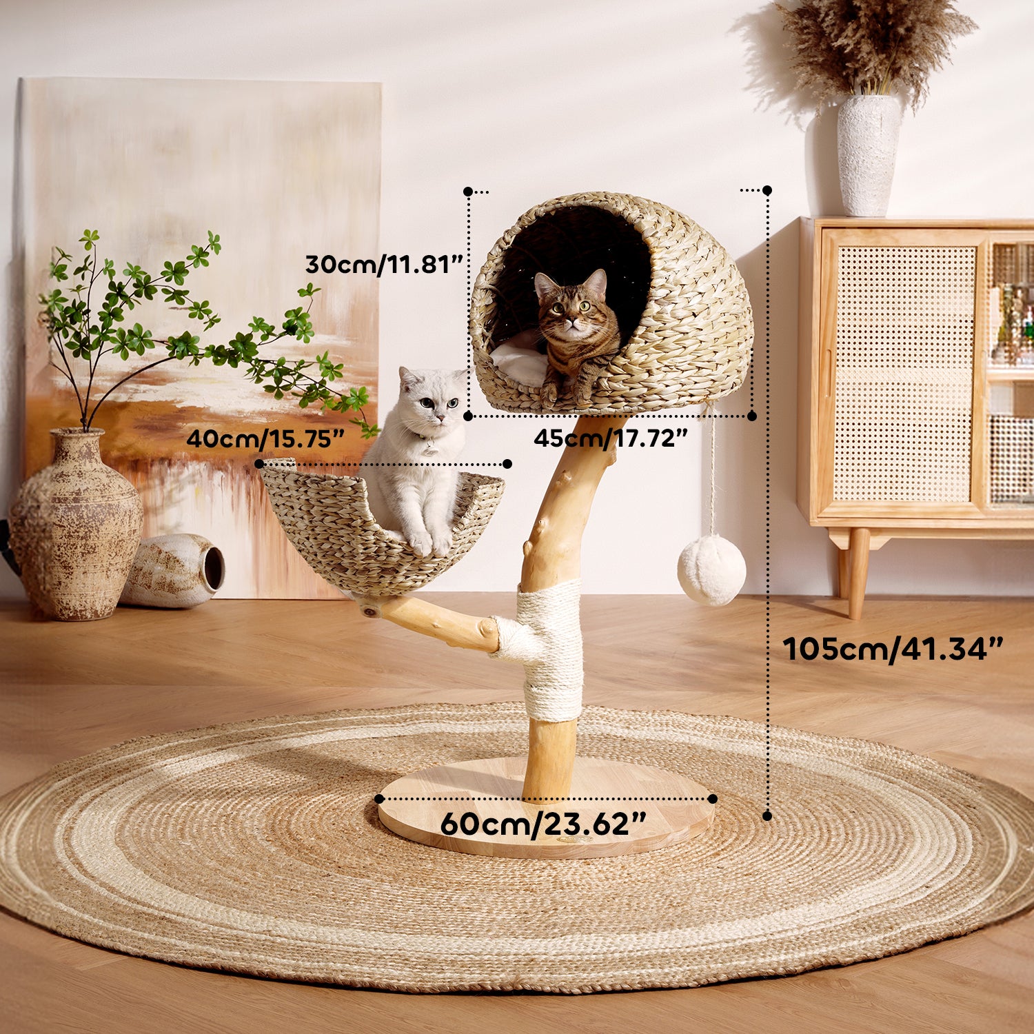 35" Solid Wooden Cattail Woven Cat Tree