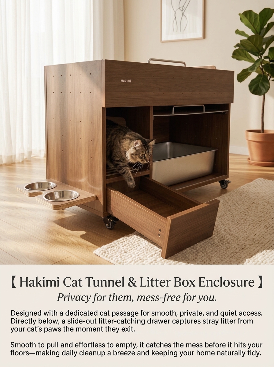 Modern Cat Litter Cabinet with Storage– Multi-Level Wooden Litter Box Enclosure