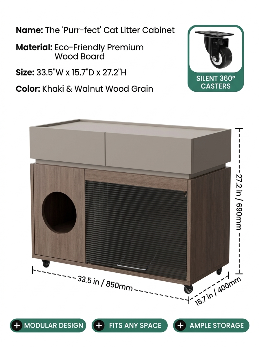 Modern Italian Style Cat Litter Box Cabinet | Hidden Cat Litter Furniture Side Table with Storage