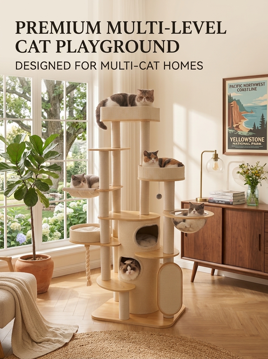 Large Multi-Level Wooden Cat Tree for Large & Multiple Cats