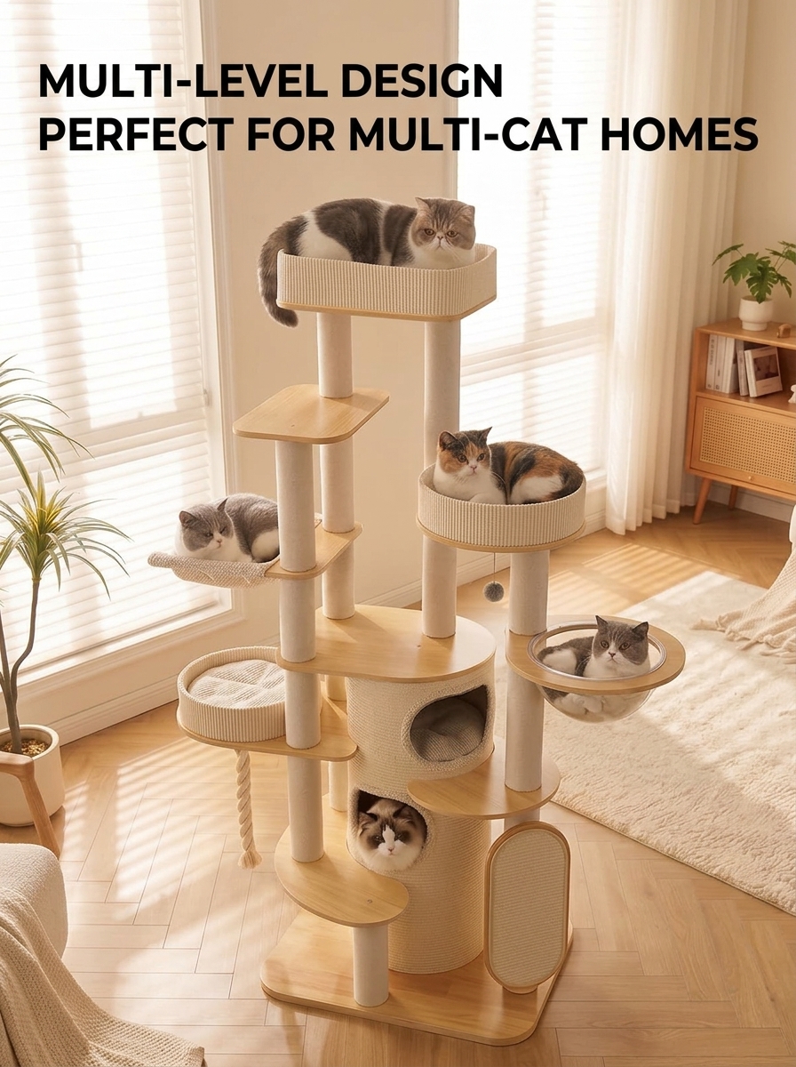 Large Multi-Level Wooden Cat Tree for Large & Multiple Cats
