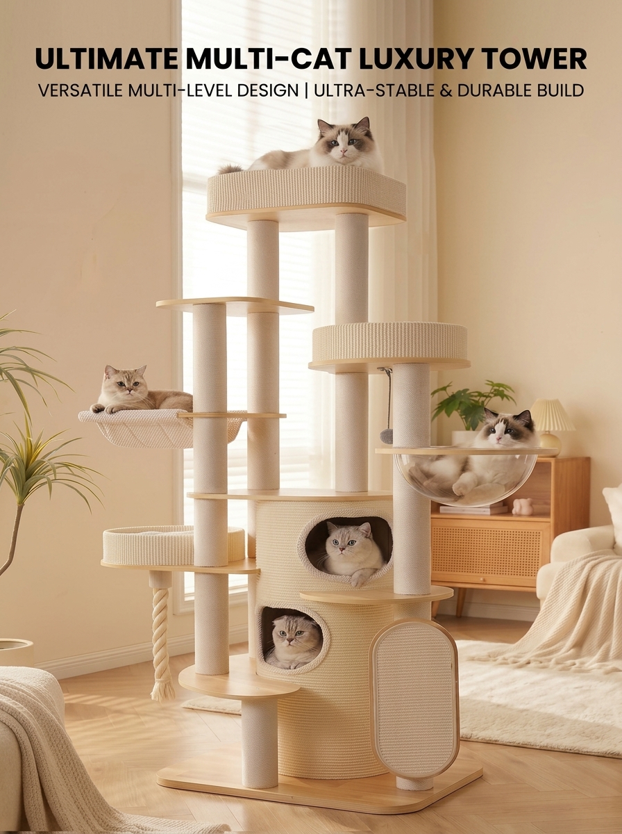Large Multi-Level Wooden Cat Tree for Large & Multiple Cats
