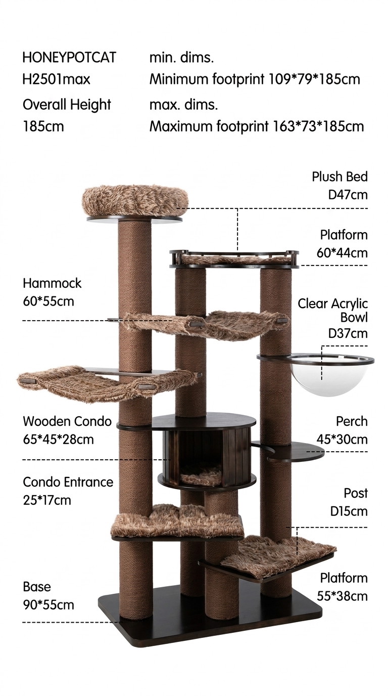 73" Tall Multi-Level Cat Tower with Scratching Posts & Cozy Cat Bed