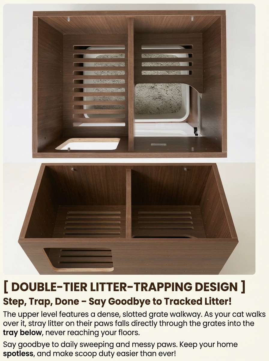 Modern Wooden Cat Litter Box Cabinet | Double Layer Hidden Litter Furniture with Anti-Tracking Design for Large Cats