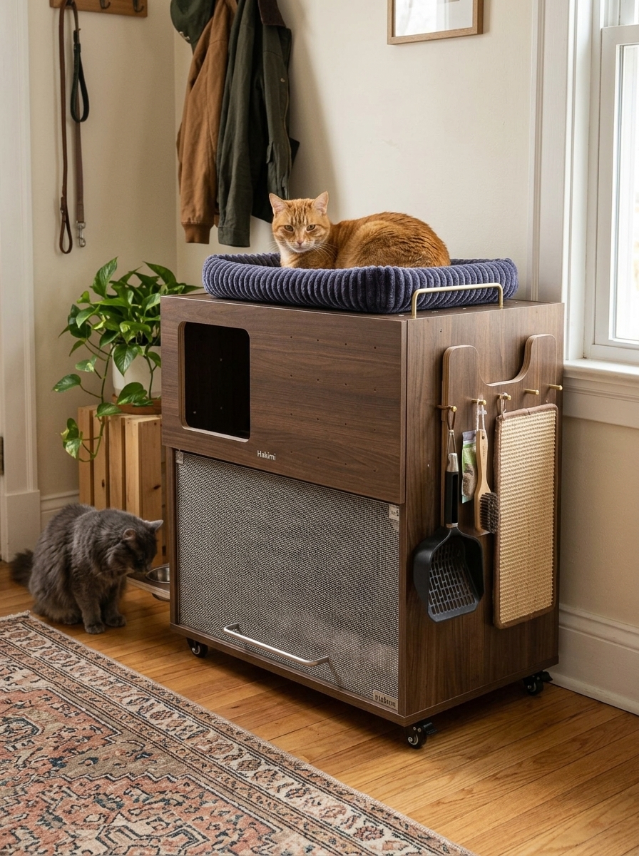 Modern Wooden Cat Litter Box Cabinet | Double Layer Hidden Litter Furniture with Anti-Tracking Design for Large Cats