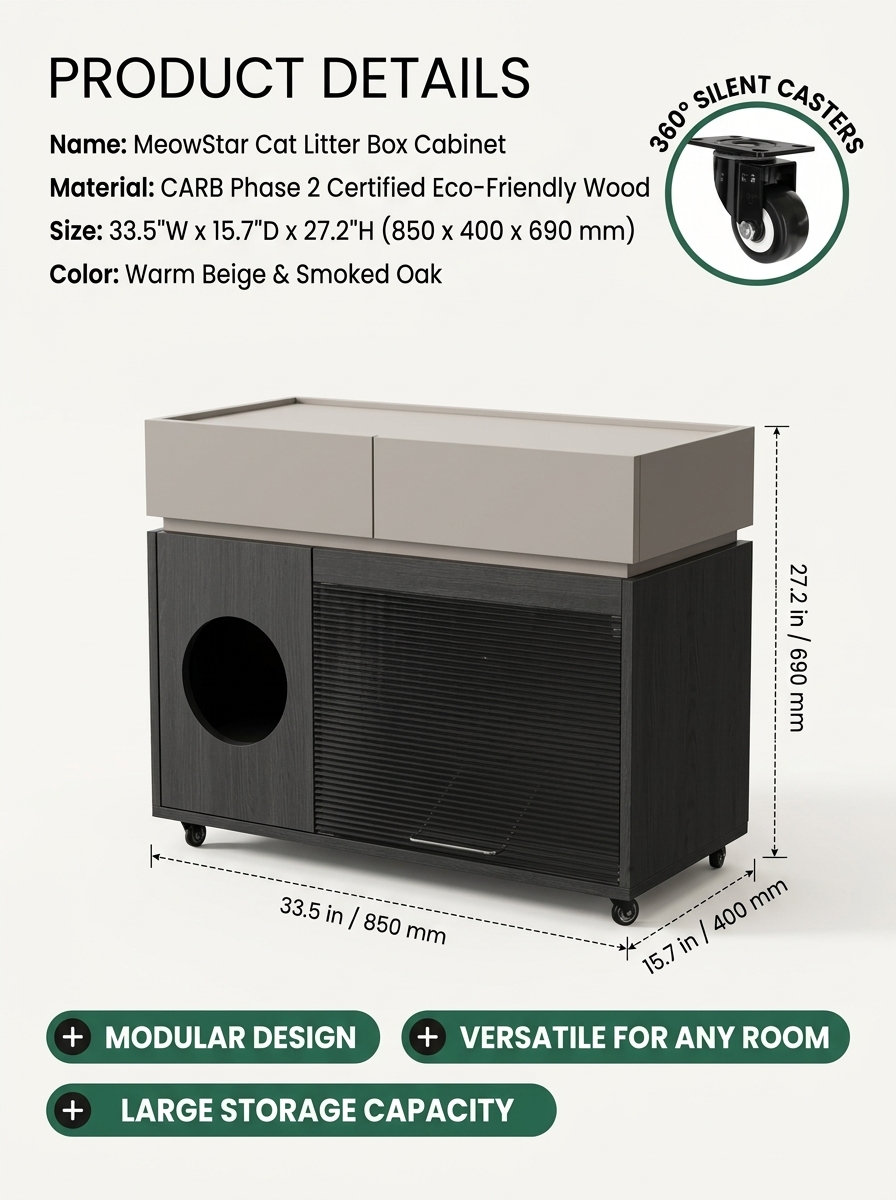 Modern Italian Style Cat Litter Box Cabinet | Hidden Cat Litter Furniture Side Table with Storage