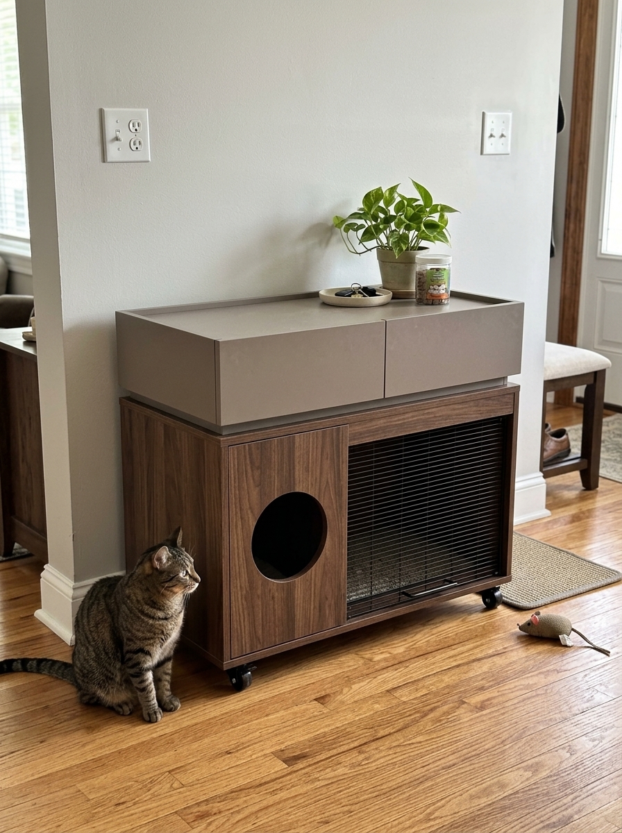 Modern Italian Style Cat Litter Box Cabinet | Hidden Cat Litter Furniture Side Table with Storage