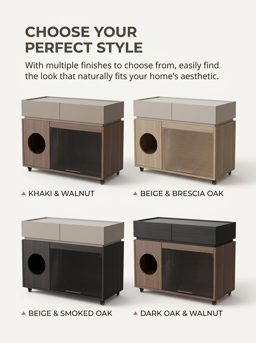 Modern Italian Style Cat Litter Box Cabinet | Hidden Cat Litter Furniture Side Table with Storage