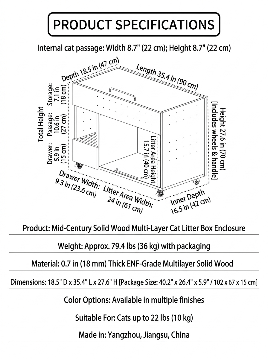 Modern Cat Litter Cabinet with Storage– Multi-Level Wooden Litter Box Enclosure